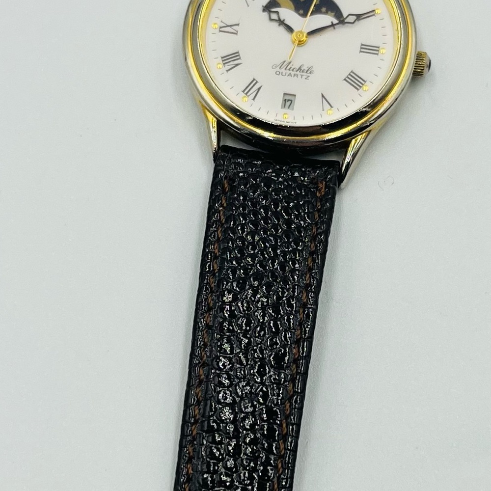 Michele Gold Case Watch with Black Strap Moonphase